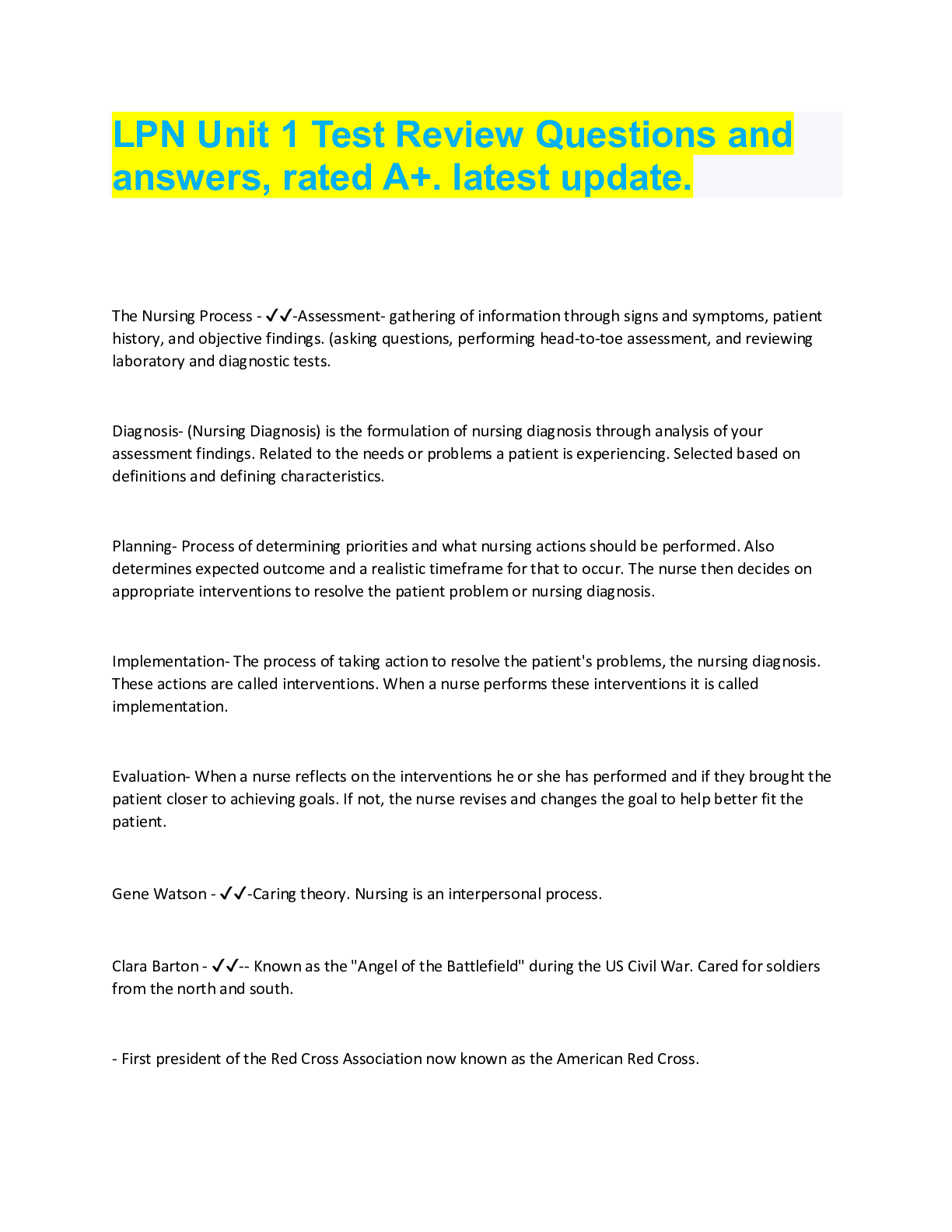 Preview image for LPN Unit 1 Test Review Questions and  answers, rated A+. latest update.